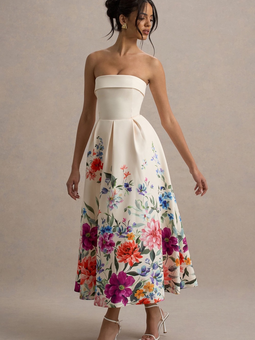 Strapless Floral Midi Dress